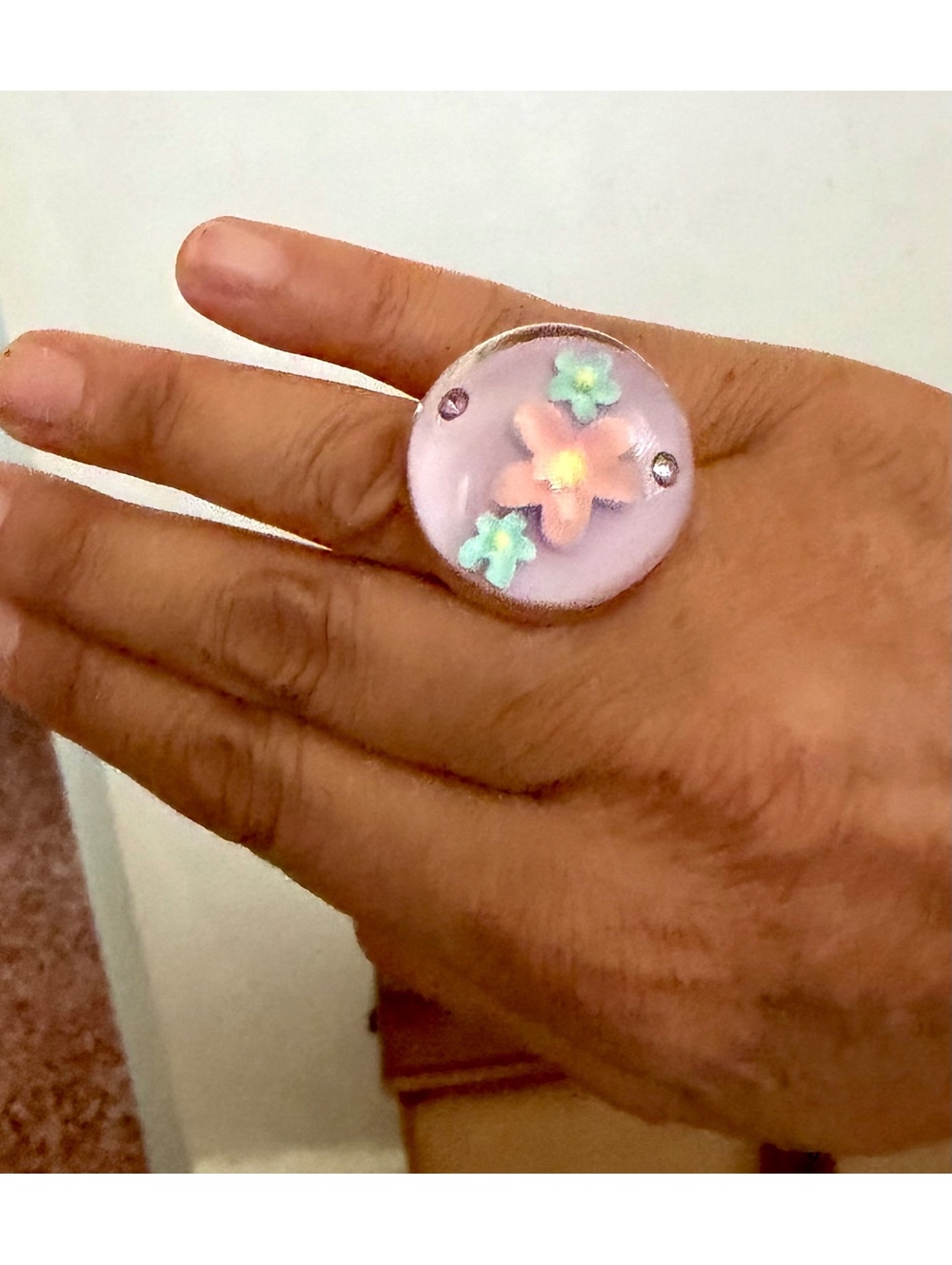 Vintage Y2K 90’s Acrylic Flower Ring with Pink and Blue Floral Design
